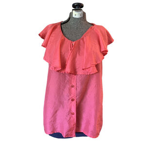 Women's Daniel Hechter Blouse Size S Pink Silk Ruffle Button Down Top